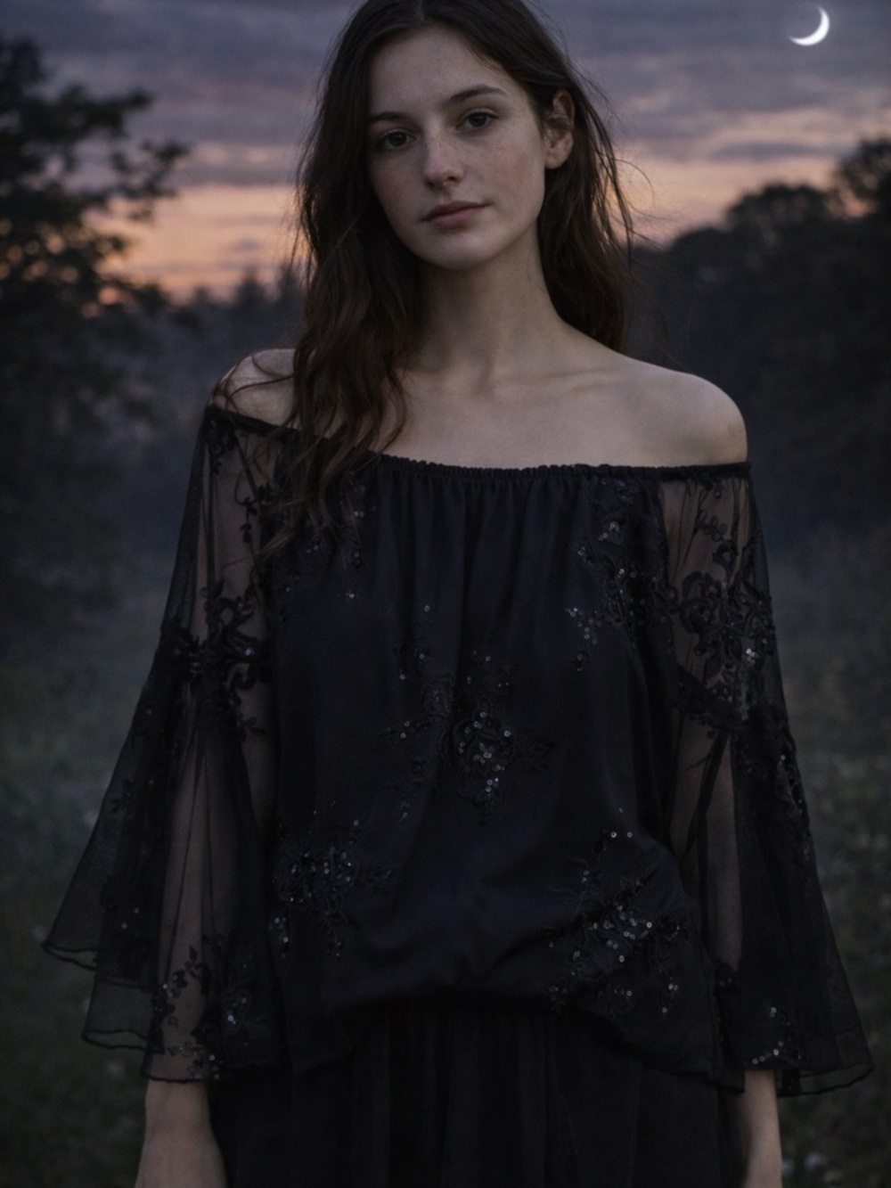 Whimsigoth Black Sheer Lace Off Shoulder Top Dark Romantic Bell Sleeves Vampire